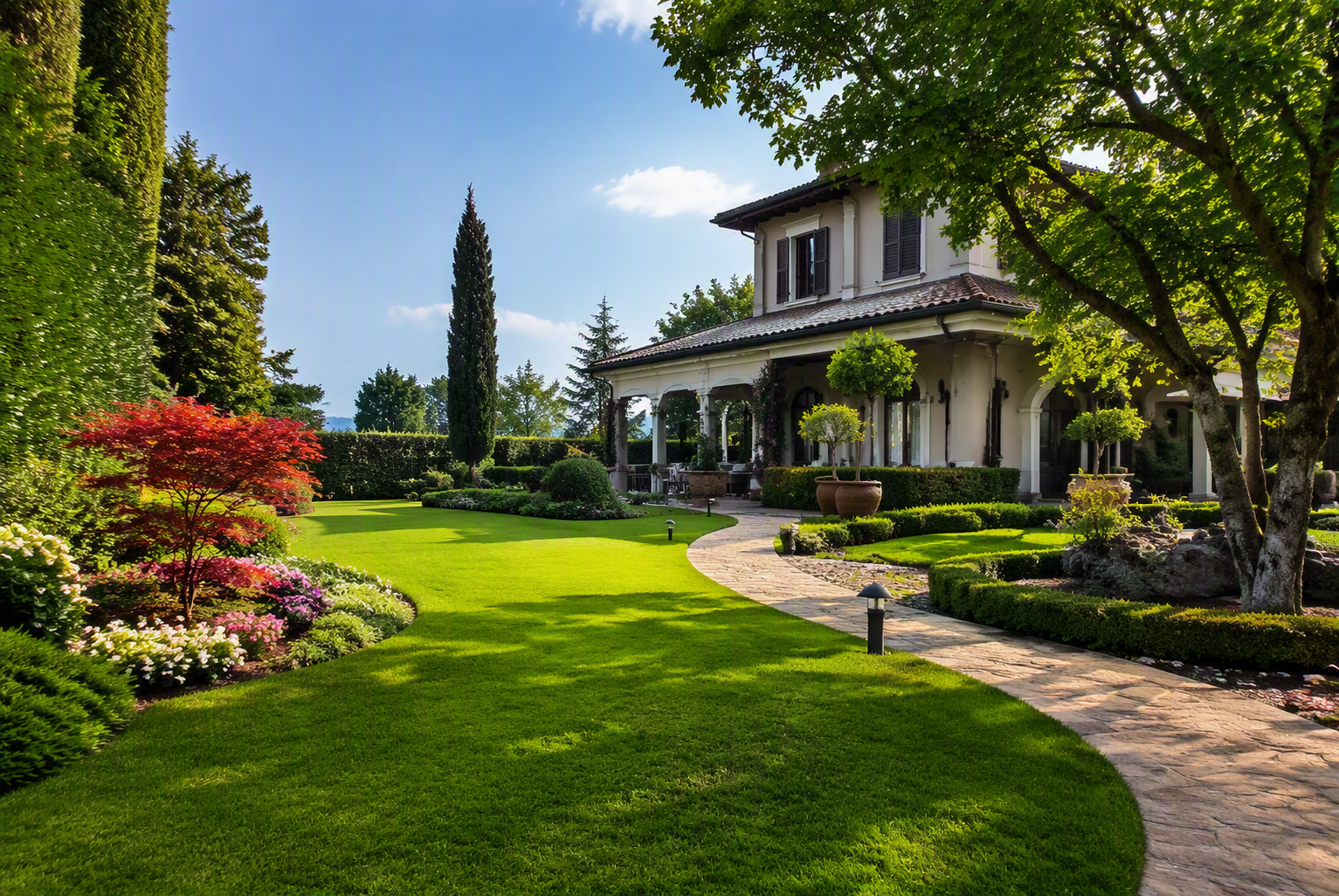 Giardino curato con prato verde, aiuole fiorite, siepi e vialetto in pietra davanti a una villa.