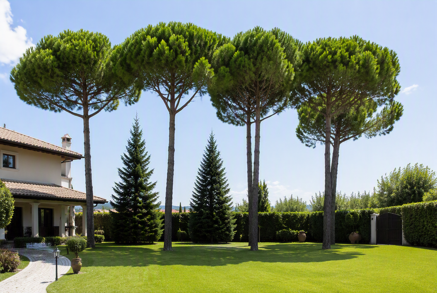 Giardino con alti pini, conifere, prato verde e siepi accanto a una casa con vialetto.