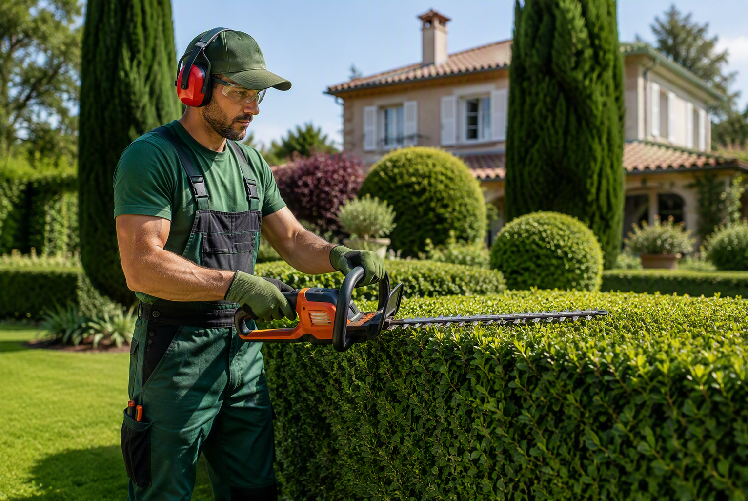Giardiniere con cuffie, occhiali protettivi e guanti pota una siepe con un tagliasiepi.